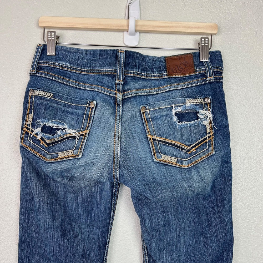 BKE Stella Slim Bootcut Jeans Womens 28 x 31.5 Dark Wash Low Rise Distressed - Picture 9 of 13